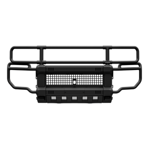 Front view of PLOMOR full-width brush guard for Toyota Land Cruiser LC250/1958—matte-black tubular rails with wraparound wings, center mesh panel, and lower row of five cube-light mounting pockets.