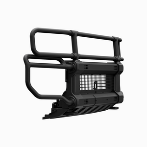 PLOMOR front grille guard for Toyota Land Cruiser LC250 — aluminium alloy double-hoop bull bar with mesh center, black powder-coated, no-drill, winch-compatible, 3/4 right angle on white background.