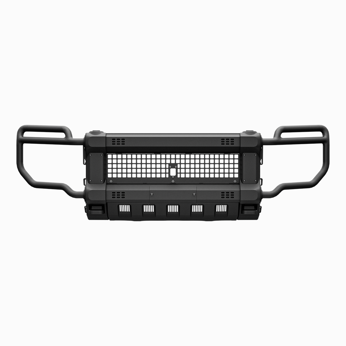 PLOMOR front grille bumper guard for Toyota Land Cruiser LC250, aluminium alloy mid-height hoop with narrow side wings, black powder-coated, no-drill OEM-compatible, front view on white background.