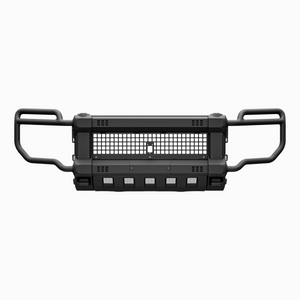 PLOMOR front grille bumper guard for Toyota Land Cruiser LC250, aluminium alloy mid-height hoop with narrow side wings, black powder-coated, no-drill OEM-compatible, front view on white background.