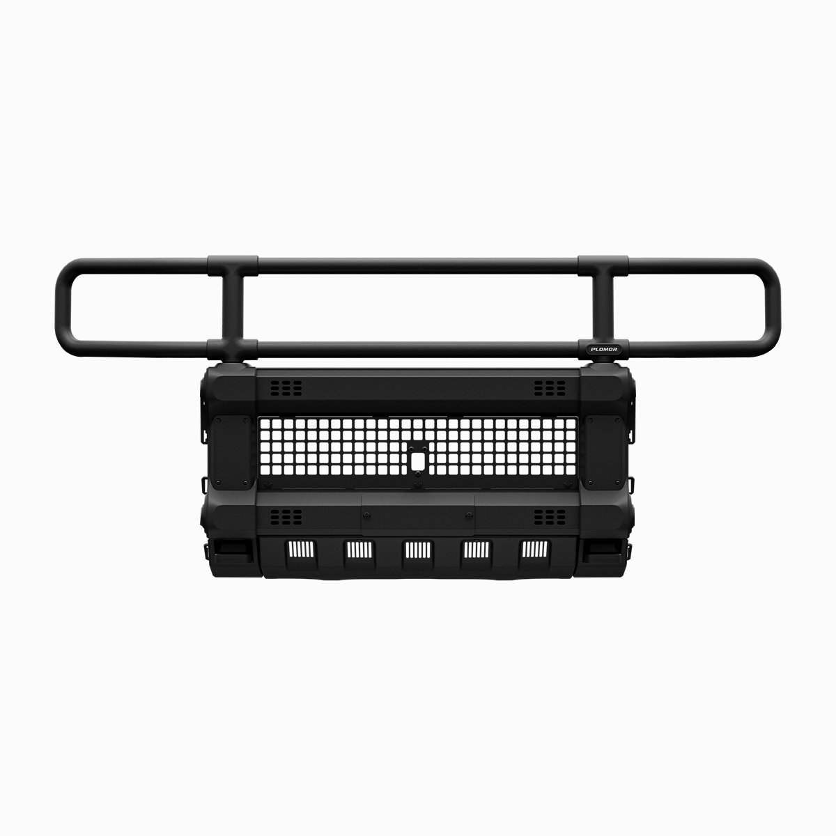 PLOMOR front bumper grille guard for Toyota Land Cruiser LC250, aluminium alloy wide-hoop design, black powder coated, no-drill OEM-compatible mount, front view on white background.