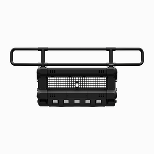 PLOMOR front bumper grille guard for Toyota Land Cruiser LC250, aluminium alloy wide-hoop design, black powder coated, no-drill OEM-compatible mount, front view on white background.