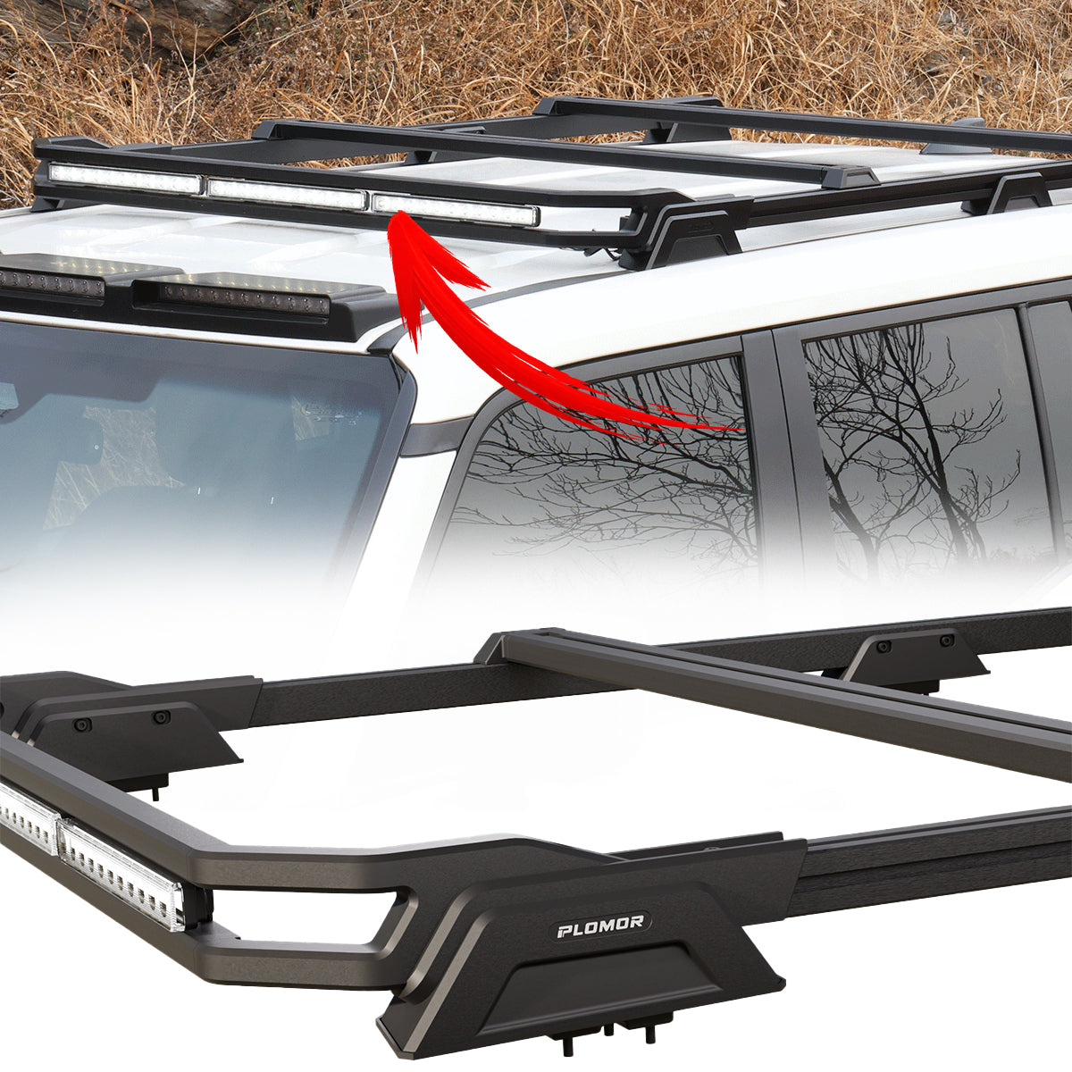 PLOMOR LC250 GX550 Aluminium Roof Rack with Integrated Triple LED Light Bars