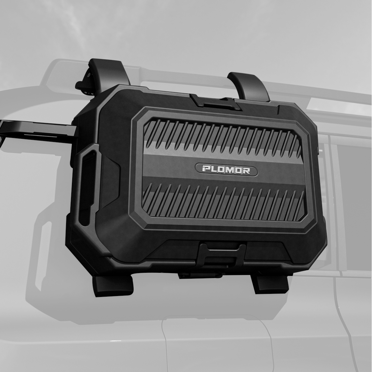 Installed view of PLOMOR side MOLLE storage box on Toyota Land Cruiser LC250 / Land Cruiser 1958 (2024+), black lightweight durable design, no-drill installation for practical off-road storage.