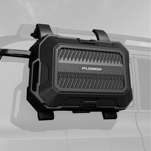 Installed view of PLOMOR side MOLLE storage box on Toyota Land Cruiser LC250 / Land Cruiser 1958 (2024+), black lightweight durable design, no-drill installation for practical off-road storage.