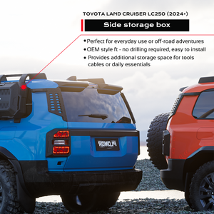 Side-mounted PLOMOR storage box for Toyota Land Cruiser LC250 / Land Cruiser 1958 (2024+), OEM-style no-drill installation, durable black finish, ideal for tools, cables, and off-road essentials.