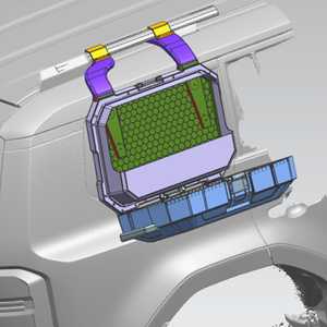 Angled structural view of the PLOMOR side storage box for Toyota Land Cruiser LC250 / Land Cruiser 1958 (2024+), showing the reinforced internal honeycomb structure and roof-rail mounting design for secure, drill-free installation.
