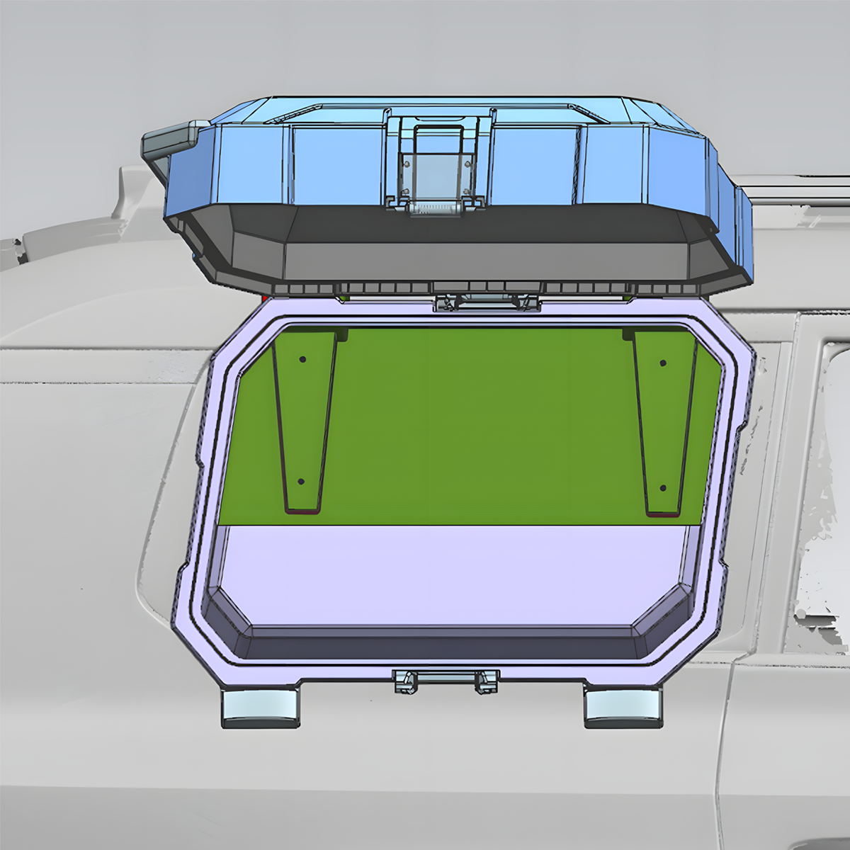 Cutaway view of PLOMOR side storage box for Toyota Land Cruiser LC250 / Land Cruiser 1958 (2024+), showing internal compartment layout, lid hinge, and mounting structure in OEM-style design.
