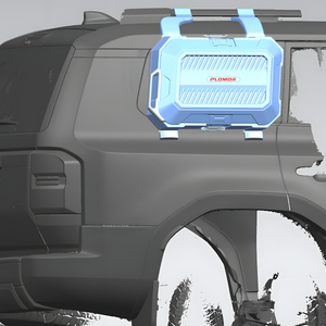 OEM-style installation render of the PLOMOR side storage box for Toyota Land Cruiser LC250 / Land Cruiser 1958 (2024+), showing precise mounting position and contour alignment on the vehicle’s D-pillar area.