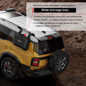 PLOMOR side storage box for Toyota Land Cruiser LC250 / Land Cruiser 1958 (2024+) shown on vehicle during off-road driving, black OEM-style no-drill installation, designed for extra storage and adventure use.