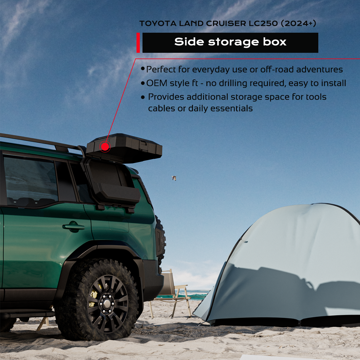 PLOMOR side storage box for Toyota Land Cruiser LC250 / Land Cruiser 1958 (2024+) shown open during outdoor camping, OEM-style no-drill installation, ideal for off-road adventures and daily storage.