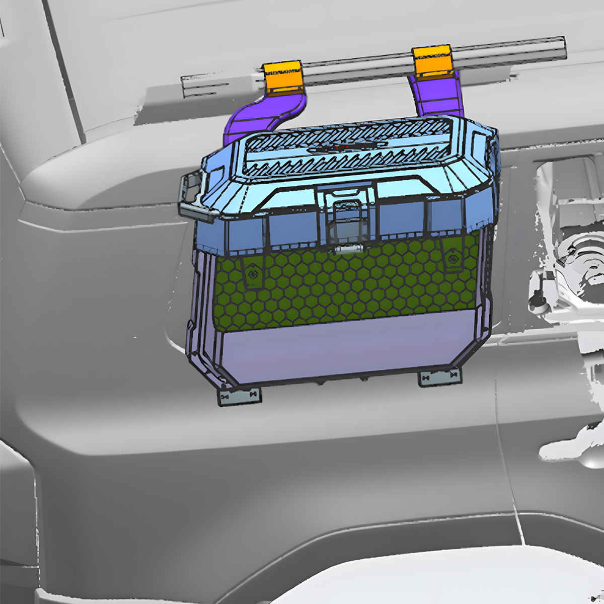 Structural diagram of the PLOMOR side storage box for Toyota Land Cruiser LC250 / Land Cruiser 1958 (2024+), showing internal reinforcement layout and upper mounting bracket configuration for secure OEM-style fitment.