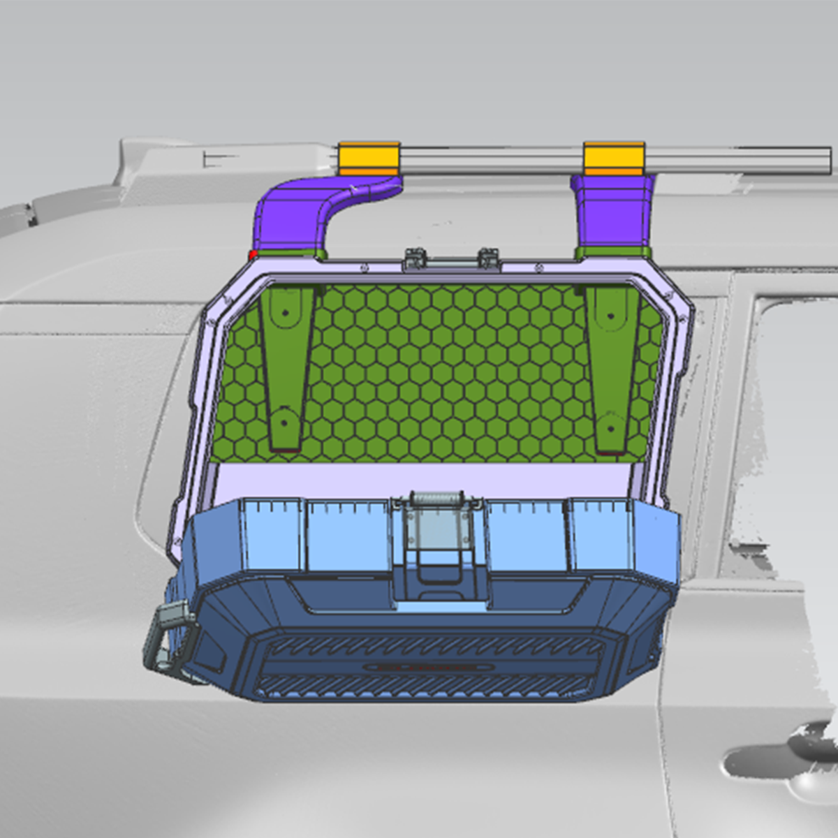 Top view structural diagram of the PLOMOR side storage box for Toyota Land Cruiser LC250 / Land Cruiser 1958 (2024+), showing internal reinforcement pattern and roof-rail mounting connection design for stable, drill-free installation.