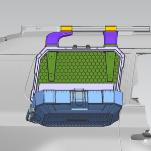 Top view structural diagram of the PLOMOR side storage box for Toyota Land Cruiser LC250 / Land Cruiser 1958 (2024+), showing internal reinforcement pattern and roof-rail mounting connection design for stable, drill-free installation.