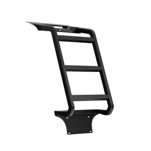 PLOMOR matte-black aluminium rear door ladder for Toyota Land Cruiser LC250/1958; clamp-on, no-drill design with corrosion-resistant finish.