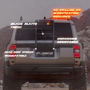 Rear view of Toyota Land Cruiser LC250 with PLOMOR matte-black aluminium rear door ladder installed; no drilling required, corrosion-resistant finish; note: incompatible with rear roof spoiler.