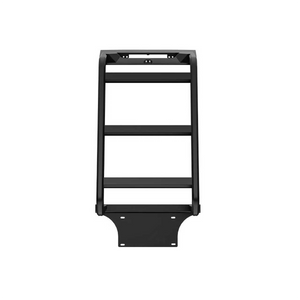 PLOMOR matte-black aluminium rear door ladder for Toyota Land Cruiser LC250/1958, no-drill clamp mount with lower plate bracket.
