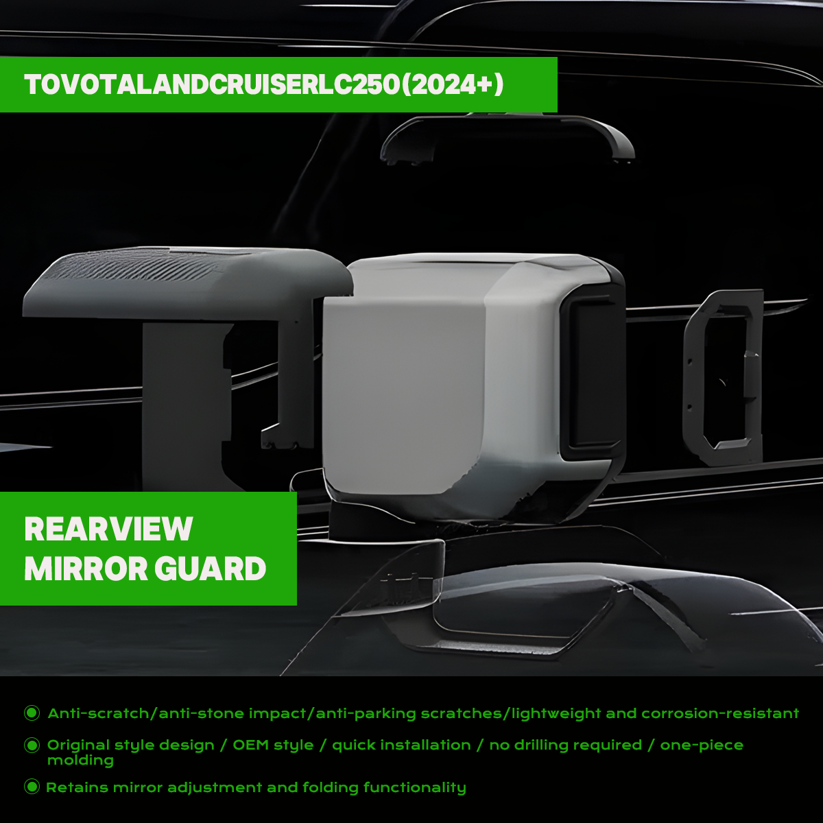 PLOMOR rear-view mirror guard with integrated action-camera mount installed on Toyota Land Cruiser LC250 (1958 included).