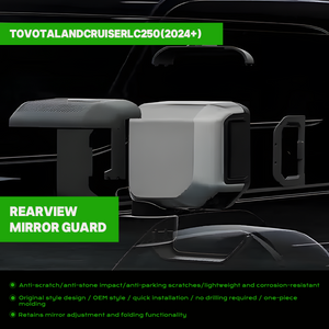 PLOMOR rear-view mirror guard with integrated action-camera mount installed on Toyota Land Cruiser LC250 (1958 included).