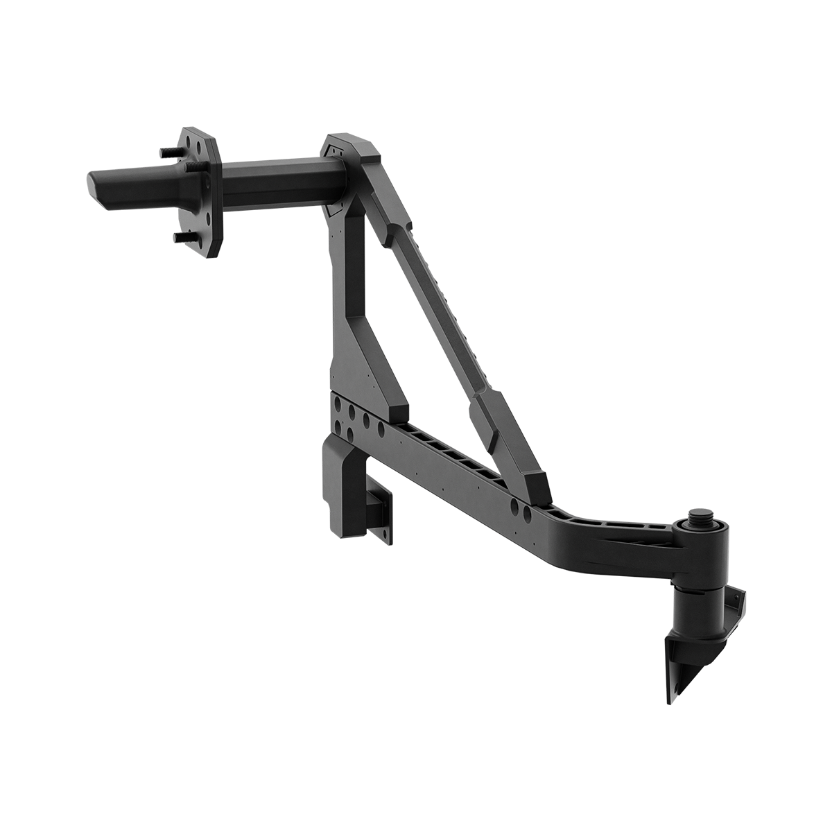PLOMOR swing-out spare tire carrier arm for Toyota Land Cruiser LC250 — high-strength matte-black bracket with reinforced hinge and triangulated support, angle view on transparent background.