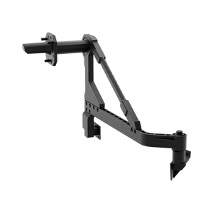 PLOMOR swing-out spare tire carrier arm for Toyota Land Cruiser LC250 — high-strength matte-black bracket with reinforced hinge and triangulated support, angle view on transparent background.