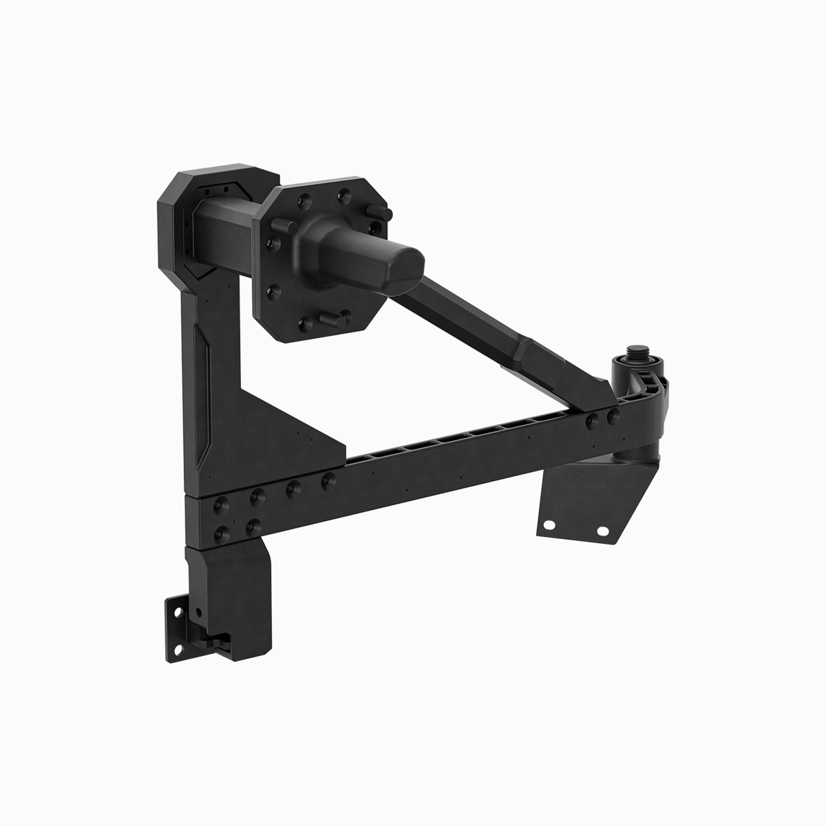 Three-quarter view of the PLOMOR tailgate spare tire carrier for Toyota Land Cruiser LC250—showing hub plate, triangulated brace and right-bumper drill bracket, matte-black aluminium.