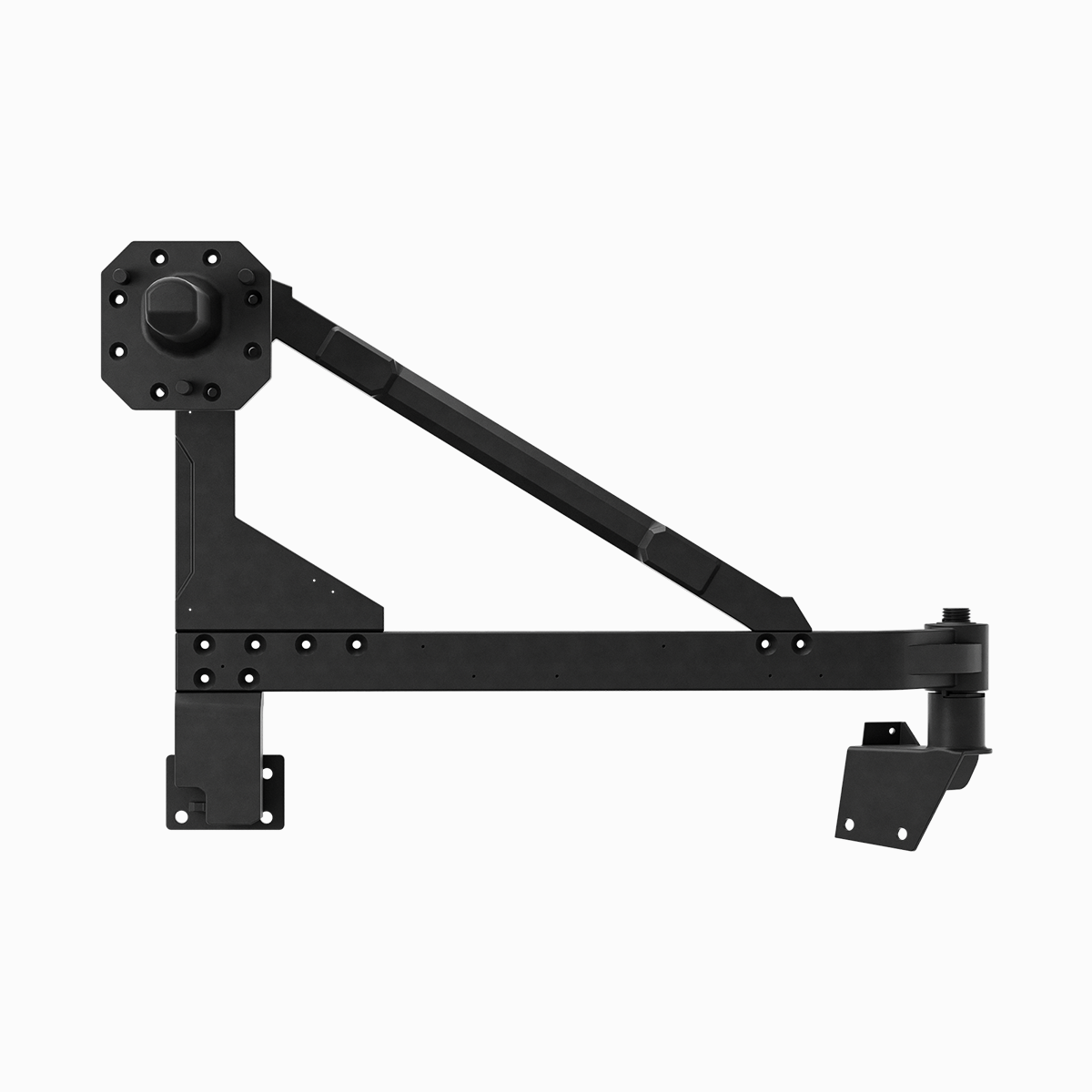 Side structure view of PLOMOR tailgate spare tire carrier for Toyota Land Cruiser LC250, matte black aluminium alloy, right rear bumper drilling required.