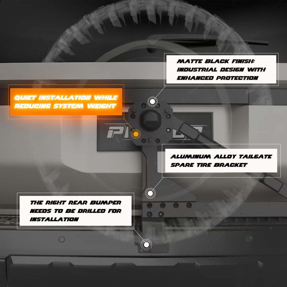 Infographic of PLOMOR aluminium-alloy tailgate spare-tyre carrier for Toyota Land Cruiser LC250, showing matte-black finish, low-noise weight-optimized design, and right-rear bumper drilling requirement.