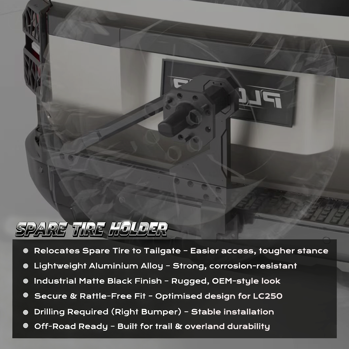 PLOMOR tailgate spare tyre carrier for Toyota Land Cruiser LC250 in matte black, lightweight aluminium, rattle-free fit; right rear bumper drilling required.