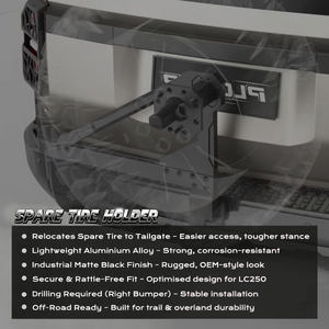 PLOMOR tailgate spare tyre carrier for Toyota Land Cruiser LC250 in matte black, lightweight aluminium, rattle-free fit; right rear bumper drilling required.