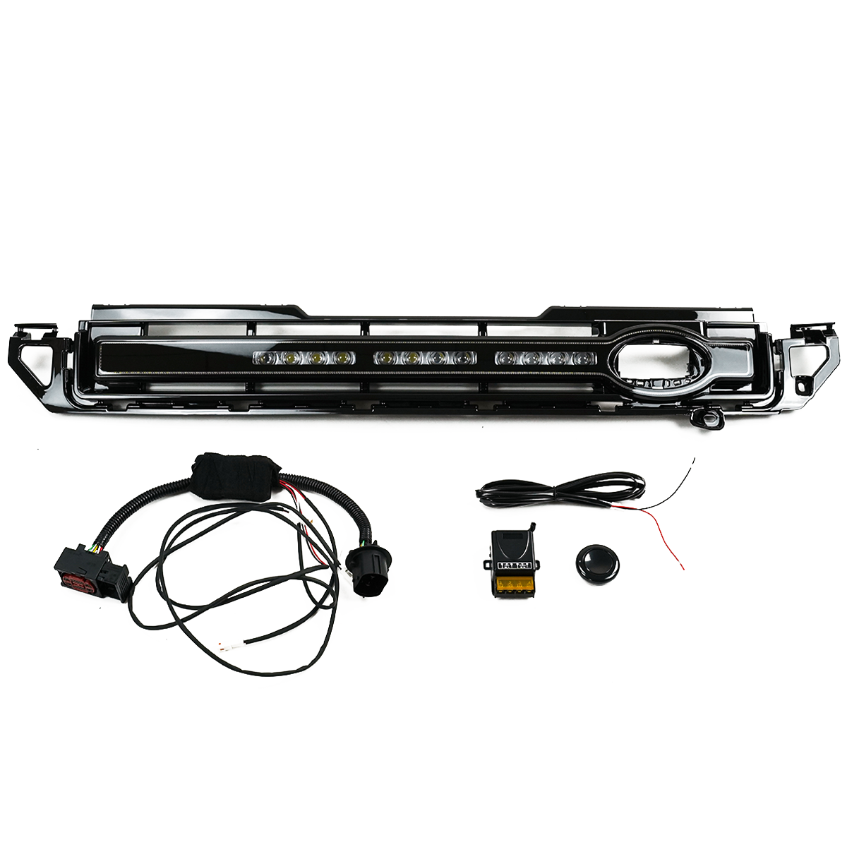 Rear view of PLOMOR LED grille showing fitment for Defender 90/110/130