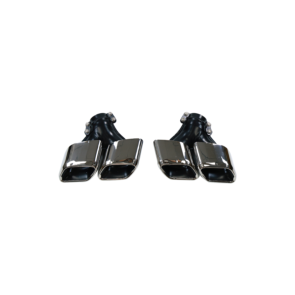 Pair of chrome dual-exhaust tailpipe tip finishers for Range Rover, left and right pieces, transparent background.