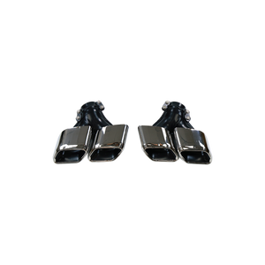 Pair of chrome dual-exhaust tailpipe tip finishers for Range Rover, left and right pieces, transparent background.