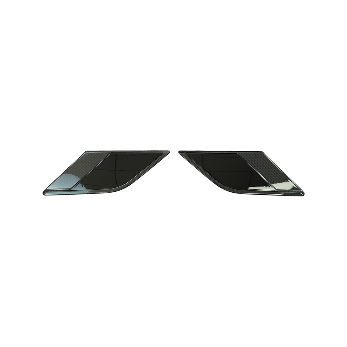 Pair of gloss-black front grille LED trim end caps for Range Rover (left and right pieces), transparent background.1