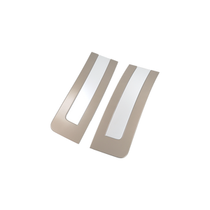 Angled view of PLOMOR silver and gold B-pillar trim covers for Range Rover L460 (2023+), showing dual-tone design and premium gloss finish.