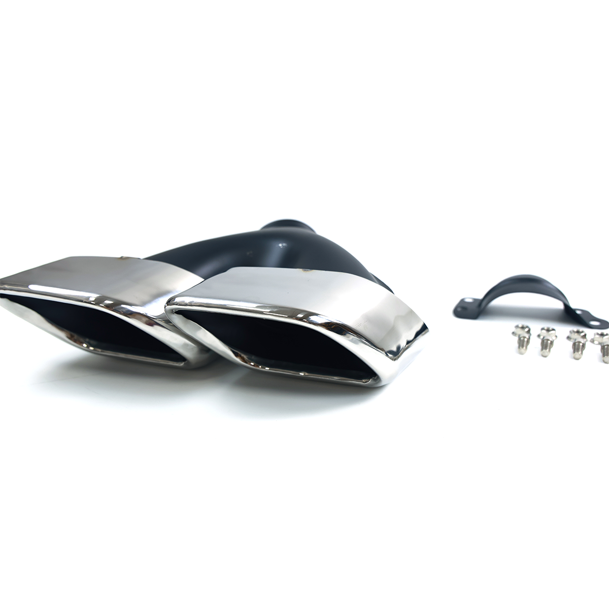 Low-angle close-up of one pair of PLOMOR quad exhaust tailpipe tips for Range Rover, chrome finish, with mounting bracket and stainless hardware on white background.