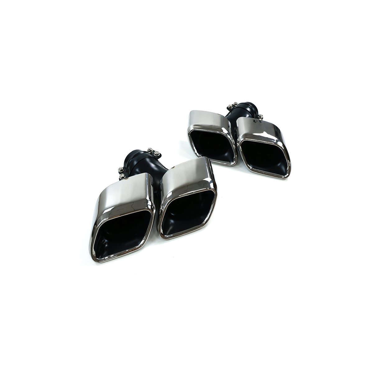 Close-up diagonal view of PLOMOR quad exhaust tailpipe tips for Range Rover, chrome finish, left and right assemblies shown separately on white background