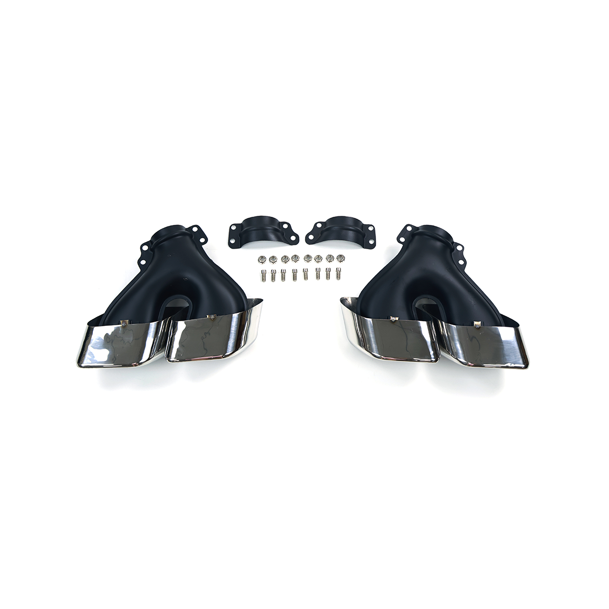 Full kit of quad exhaust tailpipe tip finishers for Range Rover—left and right tips with chrome outlets, mounting brackets and complete hardware, flat lay on white background.