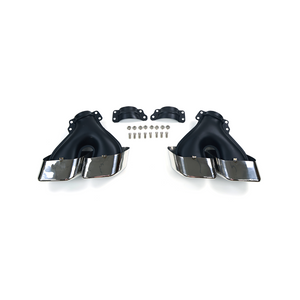 Full kit of quad exhaust tailpipe tip finishers for Range Rover—left and right tips with chrome outlets, mounting brackets and complete hardware, flat lay on white background.