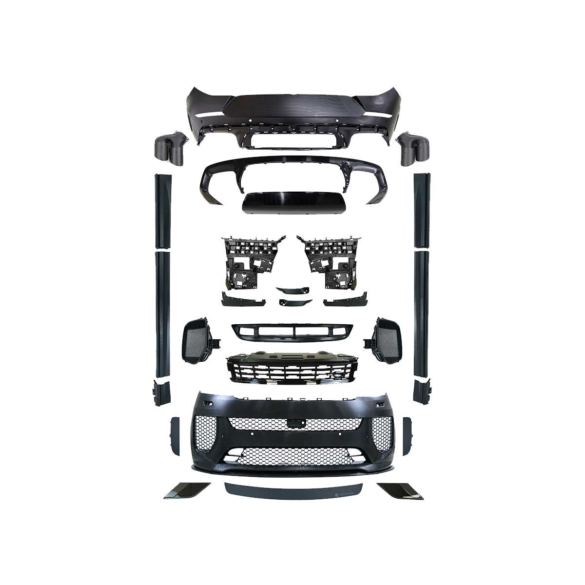 Exploded view of PLOMOR full body kit for Range Rover Sport L461 (2023+): front/rear bumpers, grilles, side skirts, fender trims, mirrors and roof spoiler components.