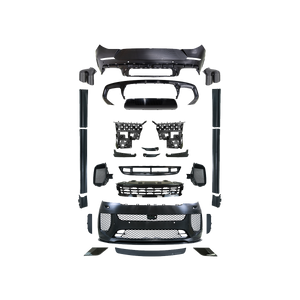 Exploded view of PLOMOR full body kit for Range Rover Sport L461 (2023+): front/rear bumpers, grilles, side skirts, fender trims, mirrors and roof spoiler components.