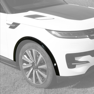 Close-up of PLOMOR gloss-black front fender flare installed on Range Rover Sport L461 (2023+), left side, showing OE-style fitment.