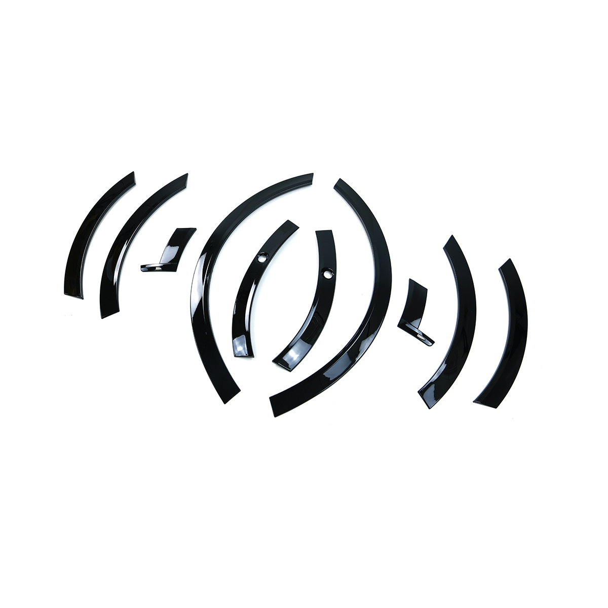 Full set of PLOMOR gloss-black fender flares for Range Rover Sport L461 (2023+), laid out to show all front and rear pieces and door-junction trims.