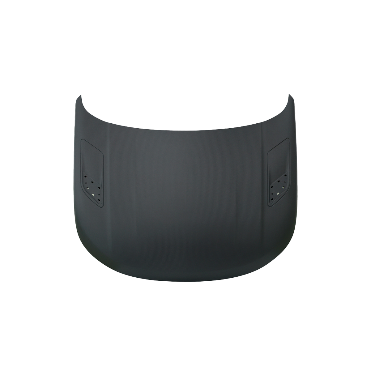 Top/exterior view of PLOMOR hood/bonnet for Range Rover Sport L461 (2023+), black paint-ready outer panel with vent cutout areas.