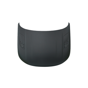 Top/exterior view of PLOMOR hood/bonnet for Range Rover Sport L461 (2023+), black paint-ready outer panel with vent cutout areas.