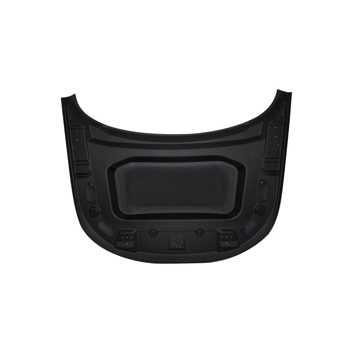 Underside/inner view of PLOMOR hood/bonnet for Range Rover Sport L461 (2023+), black inner panel with reinforcement ribs and central sound-insulation pad area.