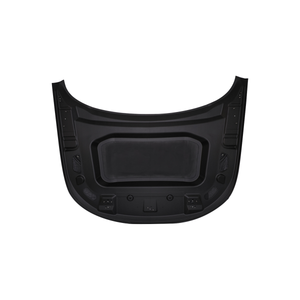 Underside/inner view of PLOMOR hood/bonnet for Range Rover Sport L461 (2023+), black inner panel with reinforcement ribs and central sound-insulation pad area.