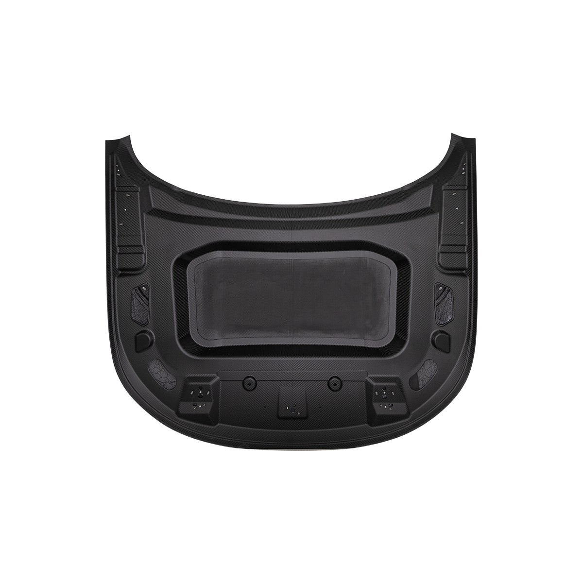 Underside / inner structure view of PLOMOR hood/bonnet for Range Rover Sport L461 (2023+), black paint-ready panel.