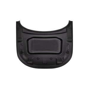Underside / inner structure view of PLOMOR hood/bonnet for Range Rover Sport L461 (2023+), black paint-ready panel.