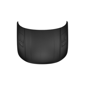 PLOMOR hood/bonnet for Range Rover Sport L461 (2023+), paint-ready black finish with integrated vent panel areas, studio top view.